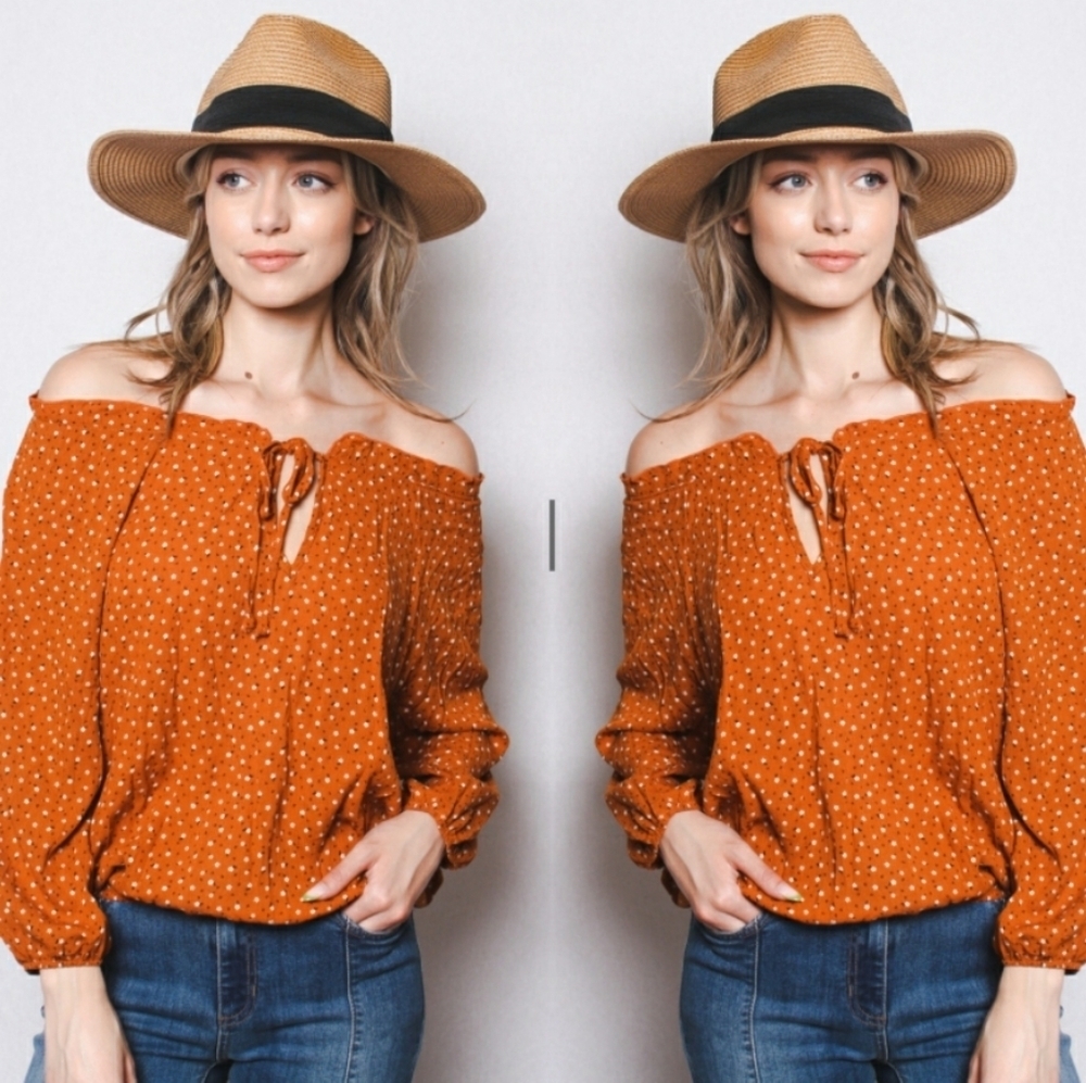 Rust Floral Off The Shoulder Keyhole Blouse